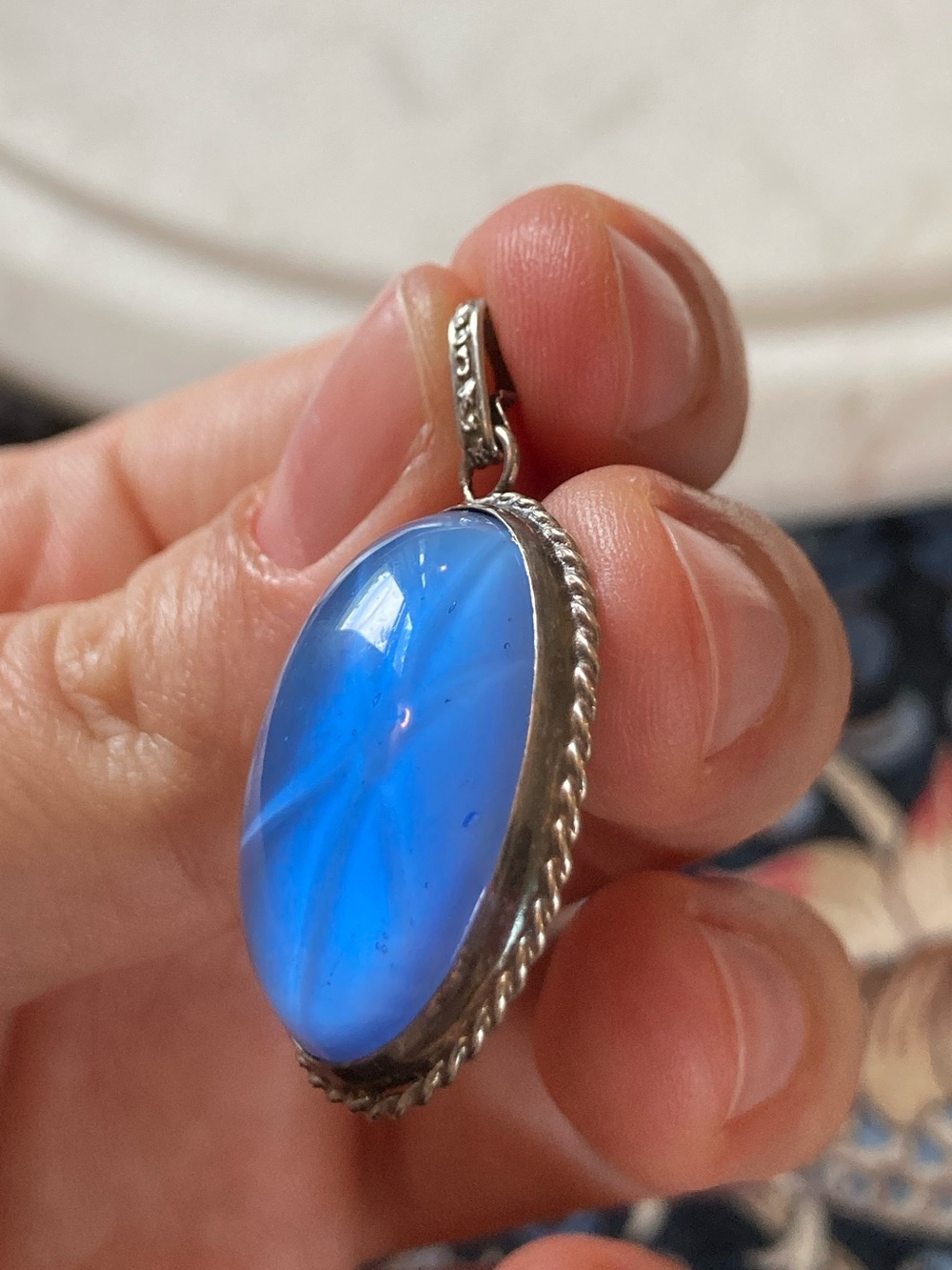 Antique 1930s Art Deco Star Sapphire Glass Bezel-Set Pendant Signed Sterling - Picture 3 of 8